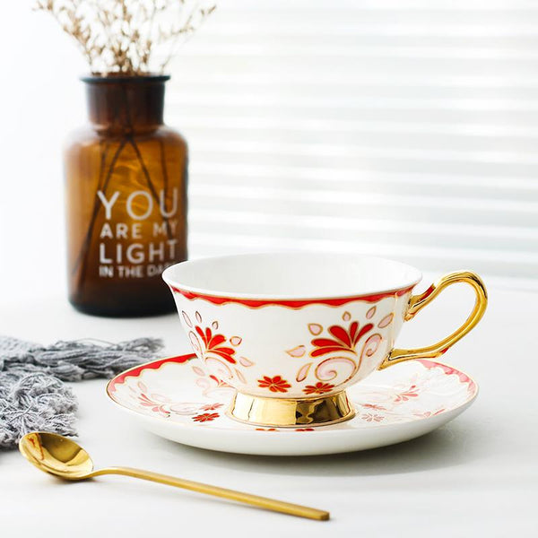 Tea Cups and Saucers, Coffee Cups with Gold Trim and Gift Box, British Tea Cups, Porcelain Coffee Cups, Latte Coffee Cups-ArtWorkCrafts.com