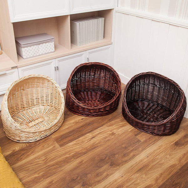 Natural Wicker Cat House Basket with Washable Cushion for Indoor Cats and Dogs, Hand woven Rattan Cat Bed-ArtWorkCrafts.com