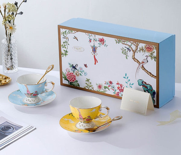 Beautiful Bird Pattern Tea Cups, Creative Bone China Porcelain Tea Cup Set, Elegant Oriental Pheasant Ceramic Cups and Saucers in Gift Box-ArtWorkCrafts.com