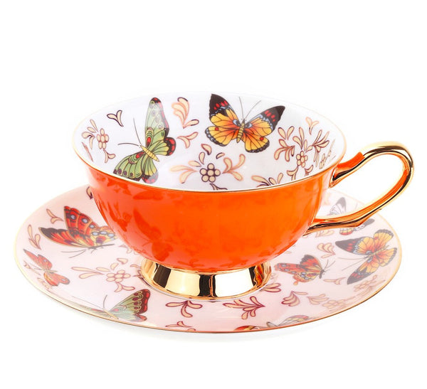 Unique Butterfly Coffee Cups and Saucers, Creative Butterfly Ceramic Coffee Cups, Beautiful British Tea Cups, Creative Bone China Porcelain Tea Cup Set-ArtWorkCrafts.com