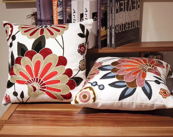 Hand Embroidered Flower Cotton Pillow, Boho Sofa Accent Cushion, Textured Decorative Throw Pillow, Farmhouse Living Room Decor, Botanical Embroidery Art
