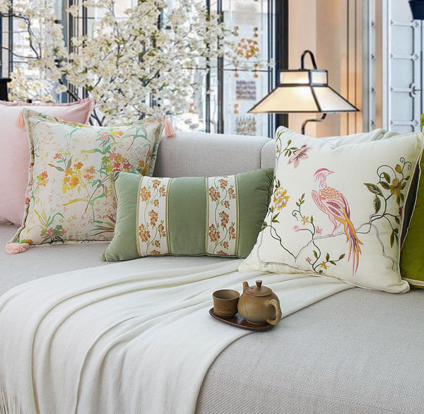 Living Room Decorative Pillows, Modern Decorative Cushions, Decorative Pillows for Bed, Decorative Pillow Arrangement Ideas for Interior Design, Embroidered Floral Bird Pattern Pillow Covers-ArtWorkCrafts.com