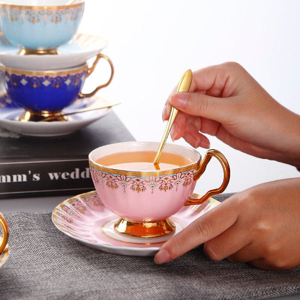 Pink Blue White Porcelain Tea Cup Saucer Set, Unique British Tea Cup and Saucer in Gift Box, Elegant British Ceramic Coffee Cups for Traditional Afternoon Tea-ArtWorkCrafts.com