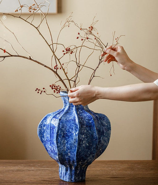 Handmade Water Holding Flower Vases, Centerpiece on Dining Table, Blue Ceramic Bud Vases, Tall Flower Vases on Table, Modern Pottery Flower Vases-ArtWorkCrafts.com