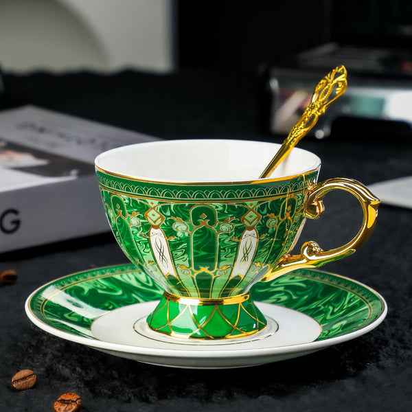 Porcelain Tea Cup and Saucer Set, British Royal Tea Cup and Saucer in Gift Box, 8 oz British Green Tea Cup set, Elegant Ceramic Coffee Cups-ArtWorkCrafts.com