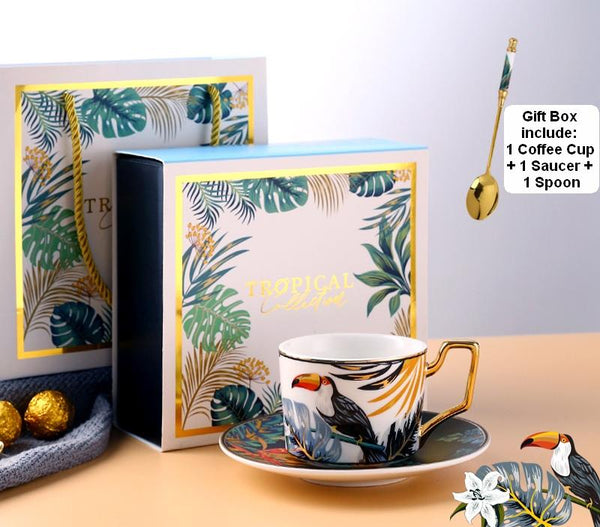 Elegant Tea Cup and Saucer, Jungle Toucan Pattern Porcelain Coffee Cups, 7.4 oz Coffee Cups with Gold Trim and Gift Box-ArtWorkCrafts.com