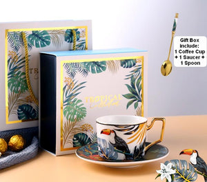 Elegant Tea Cups and Saucers, Jungle Toucan Pattern Porcelain Coffee Cups, Coffee Cups with Gold Trim and Gift Box-ArtWorkCrafts.com