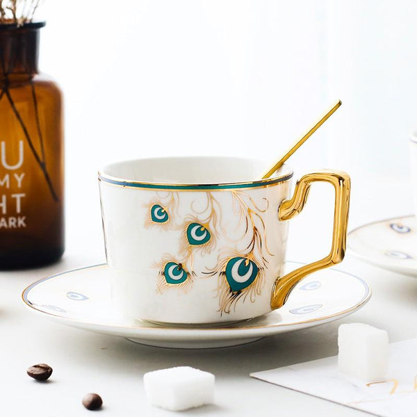 British Tea Cups, Coffee Cups with Gold Trim and Gift Box, Peacock Tail Pattern Porcelain Coffee Cups, Tea Cups and Saucers-ArtWorkCrafts.com