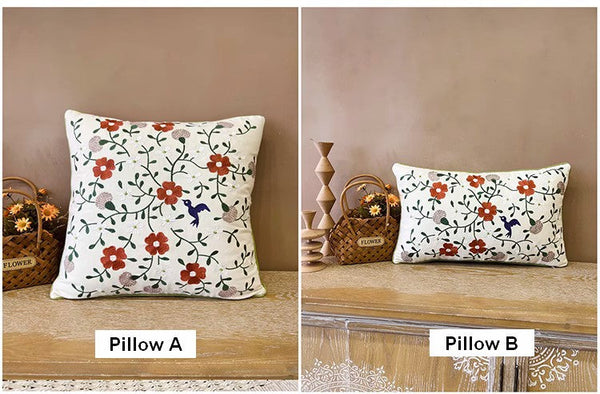 Bird Spring Flower Decorative Throw Pillows, Farmhouse Sofa Decorative Pillows, Embroider Flower Cotton Pillow Covers, Flower Decorative Throw Pillows for Couch-ArtWorkCrafts.com