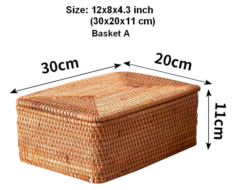 Woven Rattan Baskets, Rectangular Basket with Lid, Rectangular Storage Baskets, Storage Basket for Bedroom, Kitchen Storage Baskets-ArtWorkCrafts.com