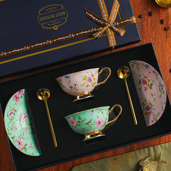 Floral Ceramic Coffee Cup with Saucer Set of 2 Cups, Creative Porcelain Tea Cup Saucer Set, 6.8 oz Tea Cup and Saucer in Gift Box, Beautiful British Tea Cup and Saucer-ArtWorkCrafts.com