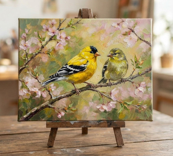 Hand Painted Canvas Art, American Goldfinch Birds Painting, Love Bird Couple Painting, Small Canvas Paintings, Original Oil Paintings on Canvas, Original Oil Paintings