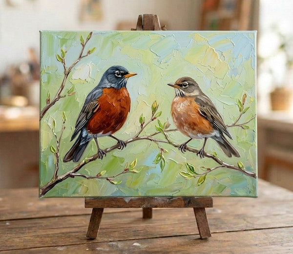 Hand Painted Canvas Art, American Robin Birds Painting, Original Oil Paintings, Love Bird Couple Painting, Small Canvas Paintings, Original Oil Paintings on Canvas