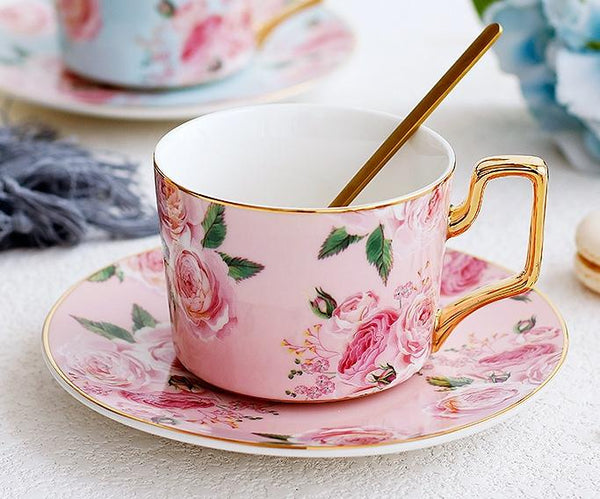 Blue Coffee Cups with Gold Trim and Gift Box, British Tea Cups, Porcelain Coffee Cups, Rose Flower Tea Cup and Saucer, Latte Coffee Cups-ArtWorkCrafts.com