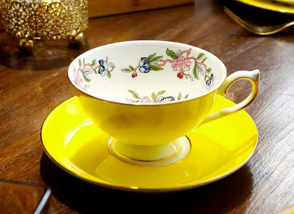 Elegant Yellow Ceramic Cups, Unique Royal Coffee Cup and Saucer, Beautiful British Tea Cups, Creative Bone China Porcelain Tea Cup Set-ArtWorkCrafts.com