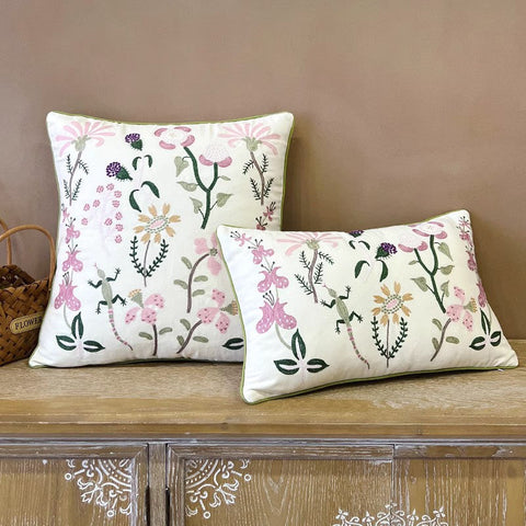 Embroider Flower Cotton Pillow Covers, Spring Flower Decorative Throw Pillows, Farmhouse Sofa Decorative Pillows, Flower Decorative Throw Pillows for Couch-ArtWorkCrafts.com