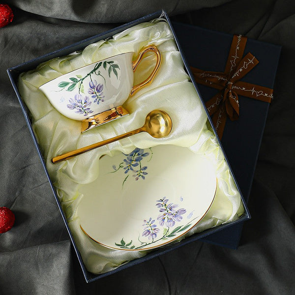 Elegant Ceramic Coffee Cup and Saucer, 7.4 oz Floral Porcelain Tea Cup and Saucer Set, Flower Porcelain Cup and Saucer Set, Beautiful British Flower Tea Cups-ArtWorkCrafts.com