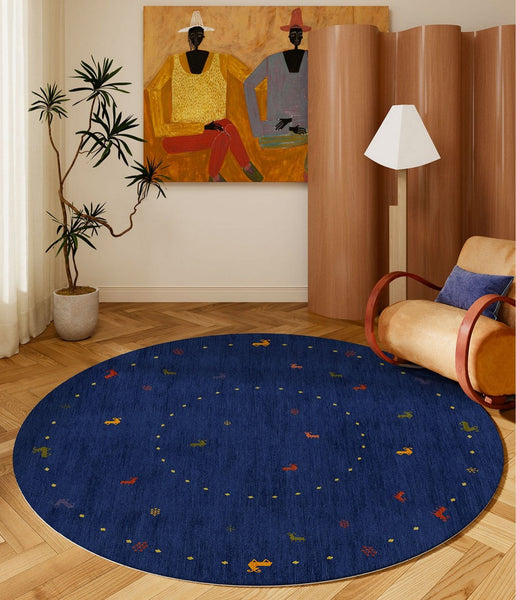 Blue Circular Modern Rugs for Bathroom, Geometric Modern Rug Ideas for Living Room, Modern Rugs for Children's Room, Abstract Contemporary Round Rugs for Dining Room-ArtWorkCrafts.com