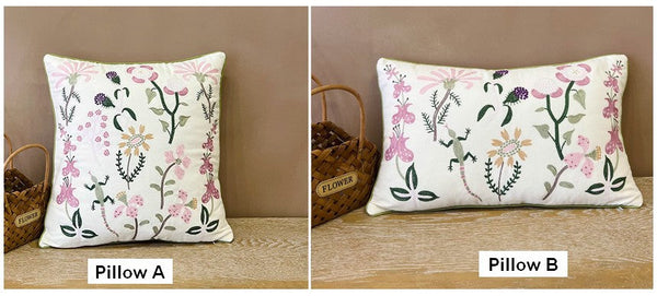 Embroider Flower Cotton Pillow Covers, Spring Flower Decorative Throw Pillows, Farmhouse Sofa Decorative Pillows, Flower Decorative Throw Pillows for Couch-ArtWorkCrafts.com