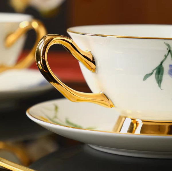 Ceramic Coffee Cup and Saucer, Flower Porcelain Cup and Saucer Set, 7.4 oz British Flower Tea Cups, Floral Porcelain Tea Cup and Saucer Set-ArtWorkCrafts.com