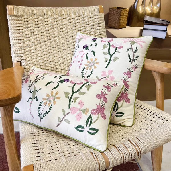 Embroider Flower Cotton Pillow Covers, Spring Flower Decorative Throw Pillows, Farmhouse Sofa Decorative Pillows, Flower Decorative Throw Pillows for Couch-ArtWorkCrafts.com