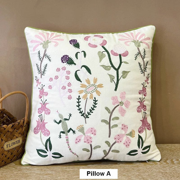 Embroider Flower Cotton Pillow Covers, Spring Flower Decorative Throw Pillows, Farmhouse Sofa Decorative Pillows, Flower Decorative Throw Pillows for Couch-ArtWorkCrafts.com