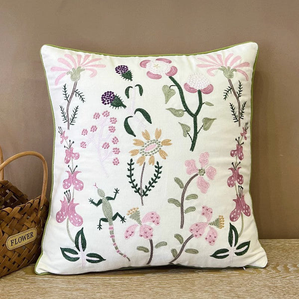 Embroider Flower Cotton Pillow Covers, Spring Flower Decorative Throw Pillows, Farmhouse Sofa Decorative Pillows, Flower Decorative Throw Pillows for Couch-ArtWorkCrafts.com