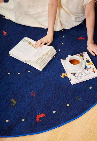 Blue Circular Modern Rugs for Bathroom, Geometric Modern Rug Ideas for Living Room, Modern Rugs for Children's Room, Abstract Contemporary Round Rugs for Dining Room-ArtWorkCrafts.com