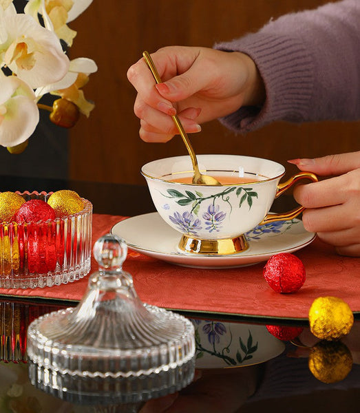 Elegant Ceramic Coffee Cup and Saucer, 7.4 oz Floral Porcelain Tea Cup and Saucer Set, Flower Porcelain Cup and Saucer Set, Beautiful British Flower Tea Cups-ArtWorkCrafts.com