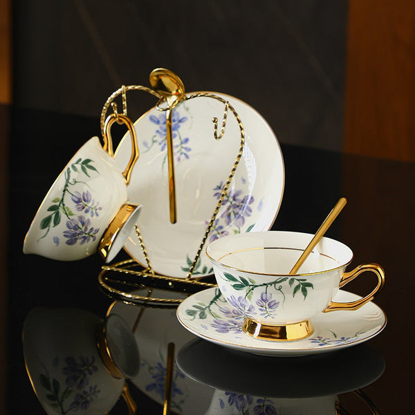 Elegant Ceramic Coffee Cup and Saucer, 7.4 oz Floral Porcelain Tea Cup and Saucer Set, Flower Porcelain Cup and Saucer Set, Beautiful British Flower Tea Cups-ArtWorkCrafts.com