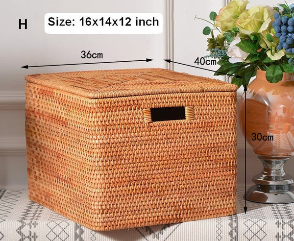 Wicker Rectangular Storage Basket with Lid, Extra Large Storage Baskets for Clothes, Kitchen Storage Baskets, Oversized Storage Baskets for Bedroom-ArtWorkCrafts.com