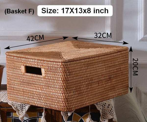 Rectangular Storage Basket with Lid, Rattan Storage Baskets for Shelves, Kitchen Storage Baskets, Storage Baskets for Clothes, Laundry Woven Baskets-ArtWorkCrafts.com