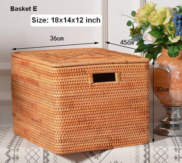 Rectangular Storage Basket with Lid, Woven Rattan Storage Basket for Shelves, Storage Baskets for Bedroom, Pantry Storage Baskets-ArtWorkCrafts.com