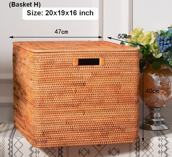 Rectangular Storage Basket with Lid, Rattan Storage Baskets for Shelves, Kitchen Storage Baskets, Storage Baskets for Clothes, Laundry Woven Baskets-ArtWorkCrafts.com