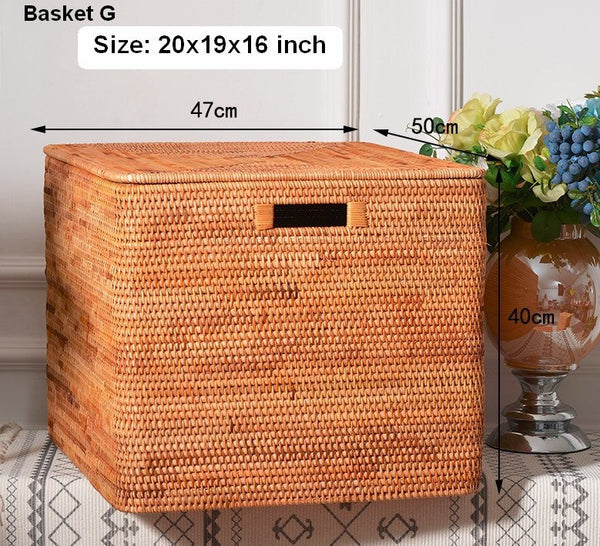 Rectangular Storage Basket with Lid, Rattan Storage Basket for Shelves, Extra Large Storage Baskets for Bedroom, Storage Baskets for Clothes-ArtWorkCrafts.com