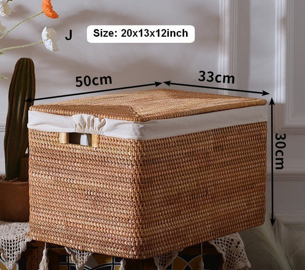 Rectangular Storage Basket with Lid, Kitchen Storage Baskets, Rattan Storage Baskets for Clothes, Storage Baskets for Living Room-ArtWorkCrafts.com