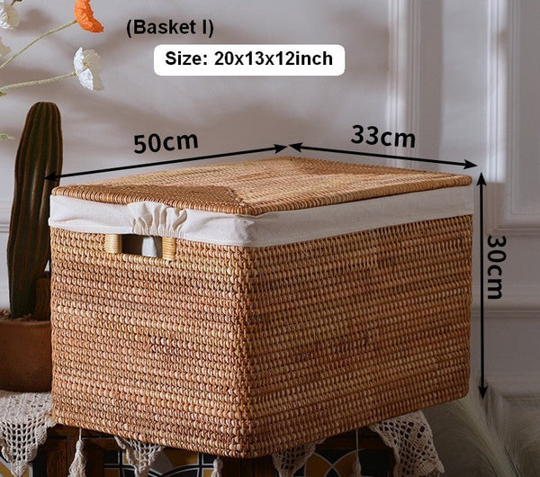 Rectangular Storage Basket with Lid, Rattan Storage Baskets for Shelves, Kitchen Storage Baskets, Storage Baskets for Clothes, Laundry Woven Baskets-ArtWorkCrafts.com