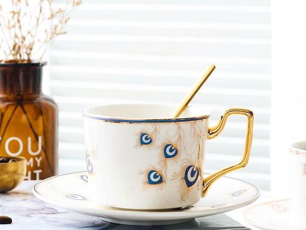 British Tea Cups, Coffee Cups with Gold Trim and Gift Box, Peacock Tail Pattern Porcelain Coffee Cups, Tea Cups and Saucers-ArtWorkCrafts.com