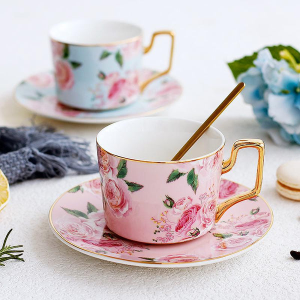 Pink Coffee Cups with Gold Trim and Gift Box, Porcelain Coffee Cups, British Tea Cups, Rose Flower Tea Cup and Saucer, Latte Coffee Cups-ArtWorkCrafts.com