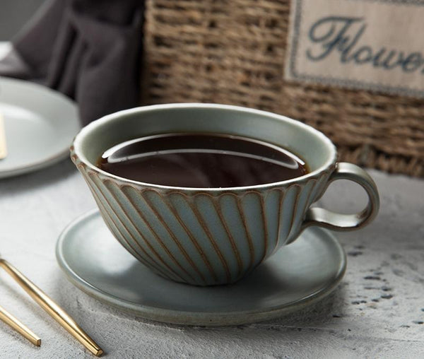 Gray Pottery Coffee Cups, Cappuccino Coffee Mug, Latte Coffee Cup, Breakfast Milk Cup, Ceramic Coffee Cup, Coffee Cup and Saucer Set-ArtWorkCrafts.com