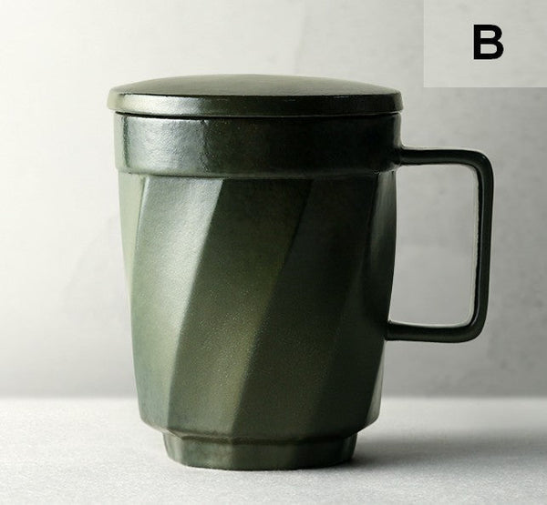 Unique Tea Cup, Large Capacity Coffee Mug with Cover, Large Modern Handmade Pottery Coffee Cup, Creative Brown Green Blue Black Ceramic Coffee Mugs-ArtWorkCrafts.com