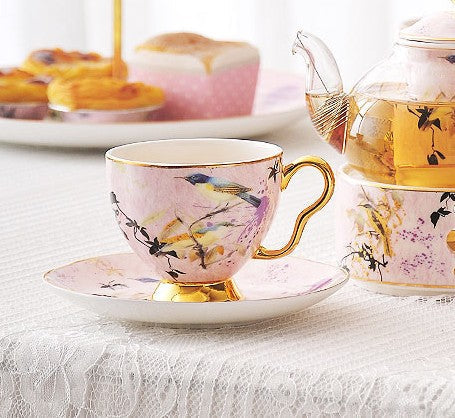 Elegant Pink Ceramic Coffee Cups, Unique Bird Flower Tea Cup and Saucer in Gift Box as Birthday Gift, Beautiful British Tea Cups, Royal Porcelain Tea Cup Set-ArtWorkCrafts.com