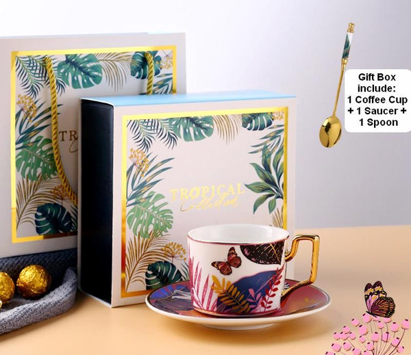 Elegant Tea Cups and Saucers, Jungle Toucan Pattern Porcelain Coffee Cups, Coffee Cups with Gold Trim and Gift Box-ArtWorkCrafts.com