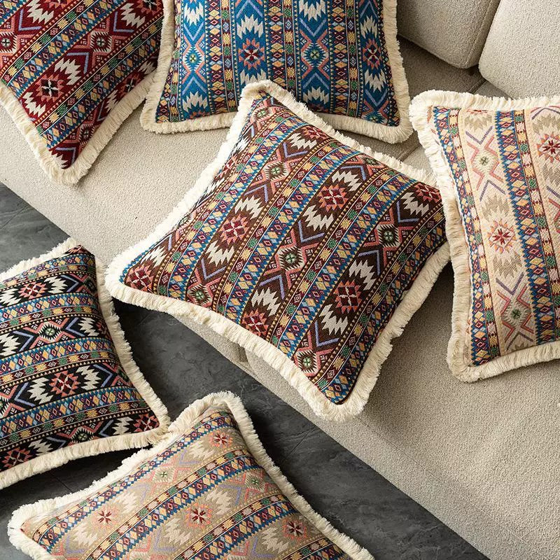 Unique Bohemian Decorative Sofa Pillow Tassel Fringe Geometric Pattern Design