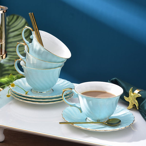 Elegant British Tea Cup and Saucer in Gift Box, Blue Bone China Porcelain Tea Cup Set, Unique British Ceramic Coffee Cups for Afternoon Tea-ArtWorkCrafts.com
