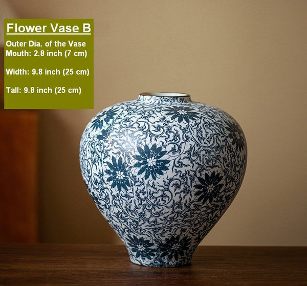 Centerpiece on Dining Table, Large Blue Flower Vase on Table, Vintage Bouquet Flower Vases, Handmade Porcelain Flower Vases Urn, Water Holding Flower Vases-ArtWorkCrafts.com