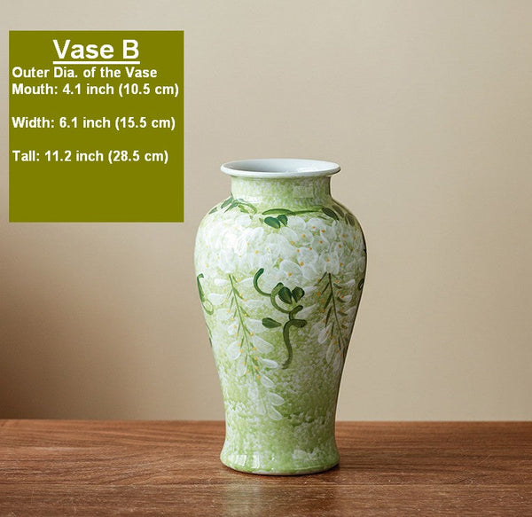 Large Flower Vases on Table, Green Porcelain Flower Vases, Centerpiece Ceramic Bud Vases, Handmade Water Holding Flower Vase-ArtWorkCrafts.com