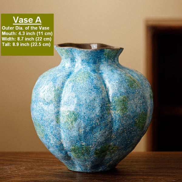 Centerpiece on Dining Table, Blue Flower Vase on Table, Handmade Water Holding Flower Vases, Pottery Flower Vases, Modern Bouquet Flower Vases-ArtWorkCrafts.com