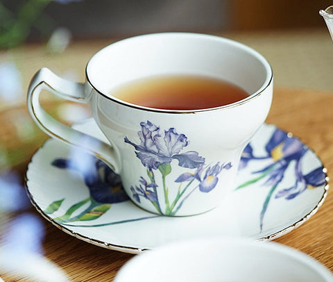 Beautiful Bone China Porcelain Tea Cup Set, Iris Flower British Tea Cups, Traditional English Tea Cups and Saucers, Unique Ceramic Coffee Cups in Gift Box-ArtWorkCrafts.com