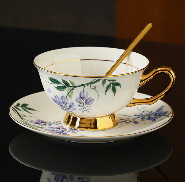 Unique Tea Cup and Saucer in Gift Box, Floral Ceramic Coffee Cup with Saucer, 7.4 oz British Tea Cup and Saucer, Porcelain Tea Cup Saucer Set-ArtWorkCrafts.com